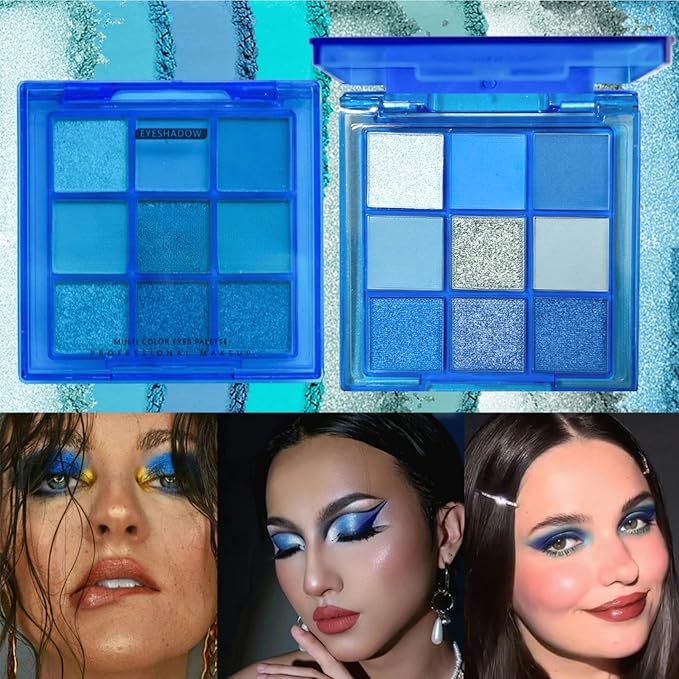 9 Colors Blue Eyeshadow Palette, Glitter Shimmer Matte Neutral Shades, High Pigmented Waterproof Grey Light Blue Eyeshadow, Shimmer Bright Sombras De Ojos for Daily and Party Makeup