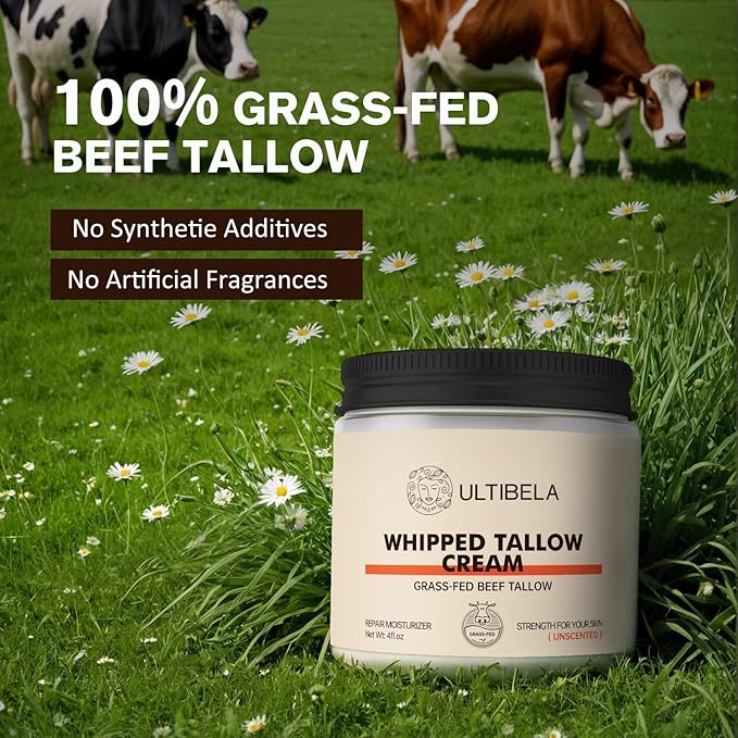 100% Grass-Fed Handmade Beef Tallow for Skin Care, Whipped Tallow and Honey Balm for Body ＆ Face Natural Body Cream for Dry & Sensitive Skin, 4OZ (Unscented)