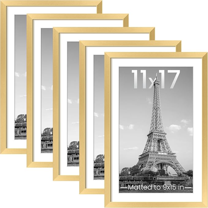 upsimples 11x17 Picture Frame, Gallery Wall Frames Set of 5, Gold | Poster Frame Collage Wall Decor, 9x15 Picture Frame with Mat for Family, Wedding, Hallway, Christmas