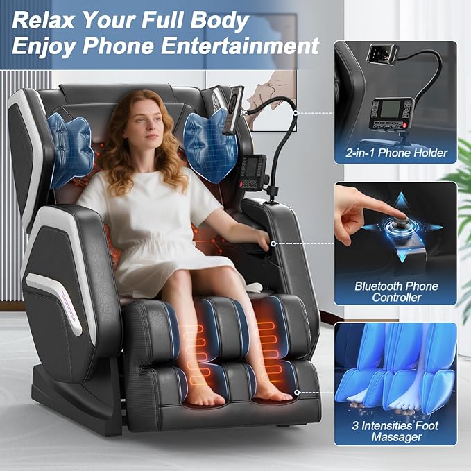 Massage Chair Full Body, Zero Gravity Massage Chair 2025 for Back Fatigue with 10 Fixed Rollers, Airbags, Heating, Phone Controller, Bluetooth Speaker, Nightlights for Living Room, Bedroom