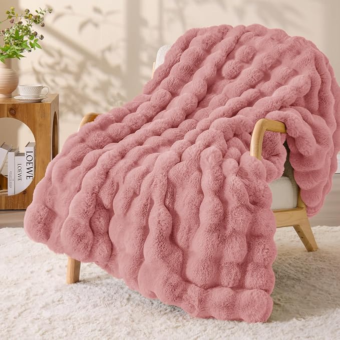 BEDELITE Faux Fur Throw Bubble Blanket for Couch, 60" x 80", Dusty Pink | 870GSM Soft Cozy Plush Blanket for Sofa & Bed Living Room Decor, Warm Fuzzy Faux Rabbit Fur for Women Gift, All Season Use