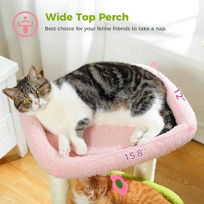 PEQULTI Indoor Cat Tree Tower Small Cats, Sisal Post & Cozy Condo, Pink | Private soft cat condo, soft top perch, natural sisal scratch posts, plush pom-pom toy for indoor kitties
