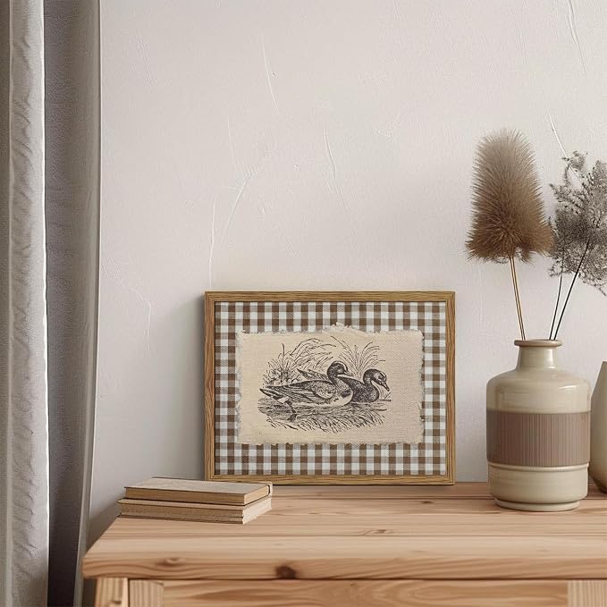 Vintage Duck Framed Wall Art – Retro Farmhouse Brown Gingham Duck Poster, Rustic Cottagecore Decor Canvas Print, Vintage Wall Decor for Living Room Bedroom Office Nursery 8x10 inch