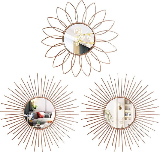 3 Pack Metal Mirrors for Wall Sunburst Wall Mirrors Home Décor Decorative Hanging Wall Art for Living Room Bedroom Entryway (Rose Gold2, Flower+Sunburst)