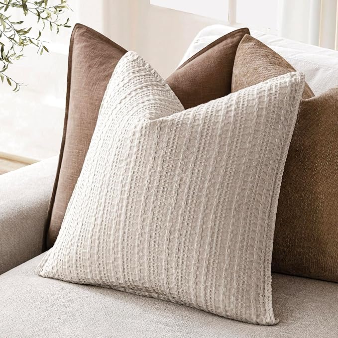 Foindtower Set of 2 Decorative Cotton Waffle Weave Throw Pillow Covers Euro Shams Cushion Covers Accent European Pillowcase for Bed Couch Sofa Bedroom Living Room Home Decor 20×20 Inch Oatmeal