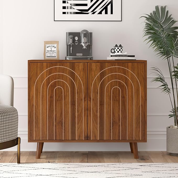 weselon Accent Cabinet with Carving Lines, Modern Buffet Sideboard with Adjustable Shelves, Decorative Storage Cabinets for Bedroom Living Room Kitchen Office and Hallway (Walnut, 1)