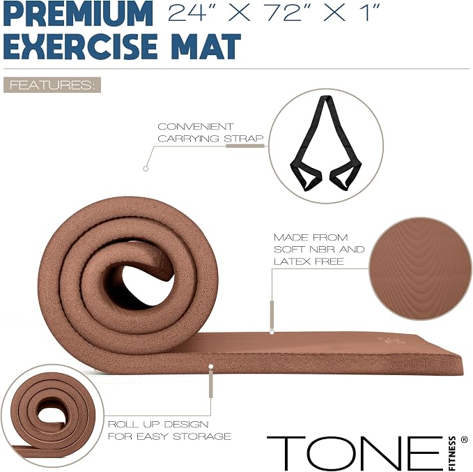 Tone Fitness 1-Inch Thick Yoga Mat | High-Density, Non-slip Exercise Mat with Carrying Strap for Yoga, Pilates, & Home Gym Workouts | Multiple Options