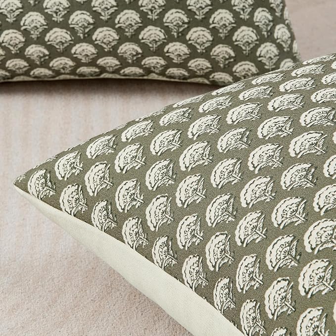 MIULEE Floral Print Decorative Pillow Covers 16x16, Sage Green | Vintage Boho Farmhouse Modern Home Decor, Set of 2, Block Print Cushion Covers for Couch Sofa Bed Living Room