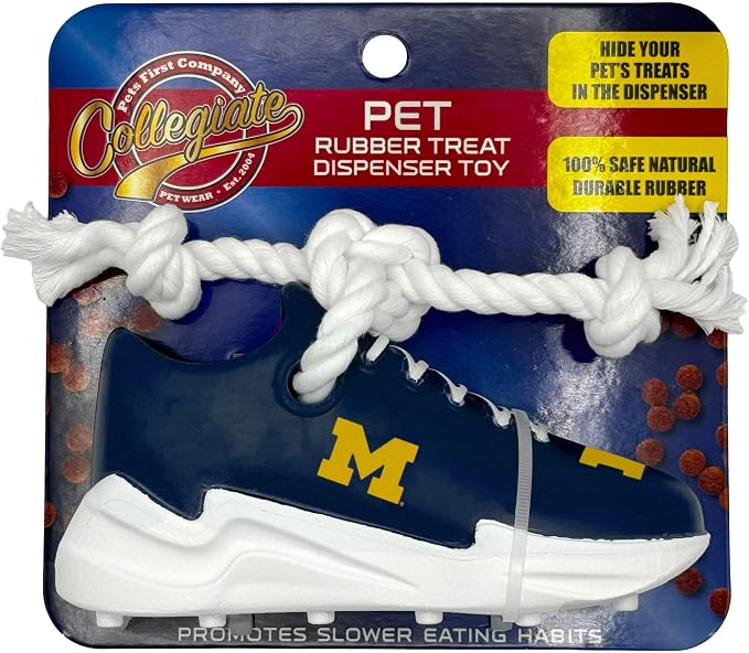 NCAA Michigan Wolverines Cleat Sneaker Spike Dog Toy, Treat Dispenser Chew Toy for Dogs, Interactive Rope Tug Toy, Slow Feeder Natural Rubber Dog Toy with Official Team Logo for Puppies & Adult Dogs