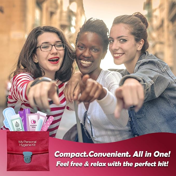 Menstrual Kit All-in-One | Convenience on The Go | Single Period Kit Pack for Travelling, Tweens & Teenagers or Emergency situations | Individually Wrapped Feminine Hygiene Products (Red Purse)