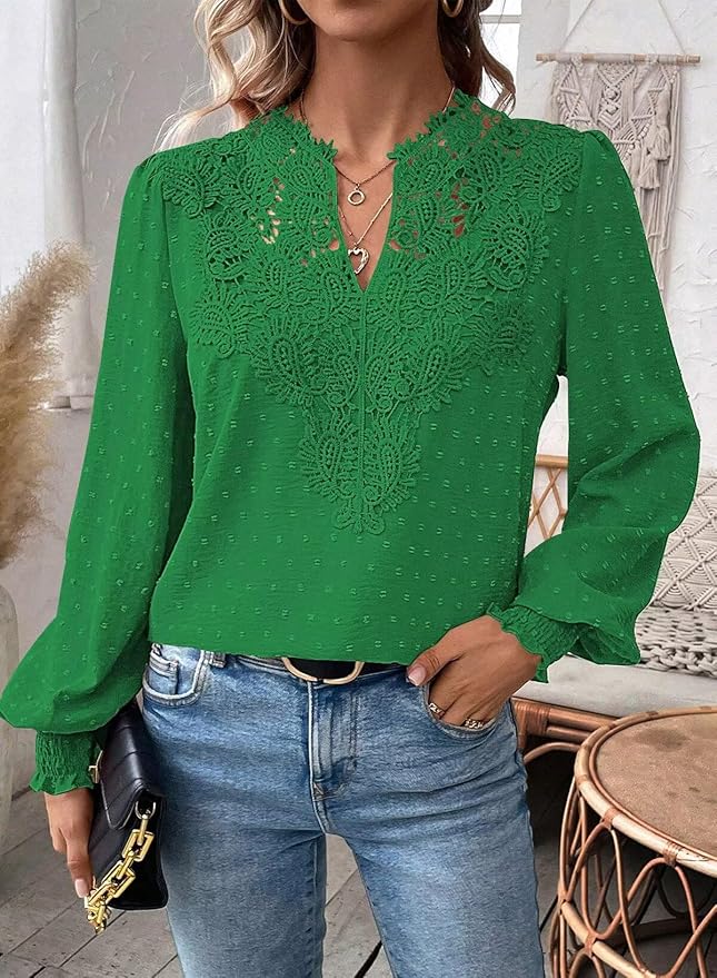 Womens Tops Swiss Dot Boho Long Sleeve Shirts V Neck Casual Chiffon Blouses Flowy Lace Hem Cute Clothing Trendy 2026