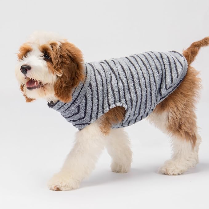 Fitwarm 2 Pack Striped Fleece Dog Sweater, Warm Winter Dog Clothes for Small Dogs Boy Girl, Fuzzy Pet Outfit, Doggy Pullover Jumper, Grey, Navy, XL