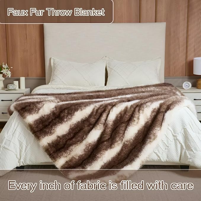 Luxury Fluffy Faux Fur Throw Blanket,Thick Fluffy Silky Fuzzy Cozy Blanket,Plush Blankets for Couch, Sofa, Chair, Bed-Faux Fur Brown Stripe 50 * 60inch