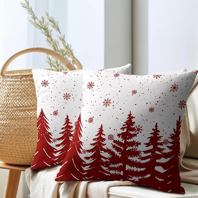 Kawani Christmas Trees Pillow Covers 16x16 Inches, 2 Pcs Red White Xmas Snowflakes Pine Tree Pillowcase Cotton Linen Square Cushion Case for Couch Bed Sofa Holiday Party Home Décor