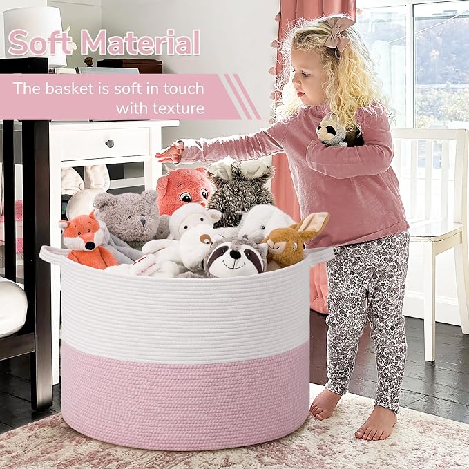 INDRESSME 115L Extra Large Pink Laundry Basket for Stuffed Animal Storage | 23.6" x 15.7" Pink room decor woven rope basket for baby luandry, kids toys pillows. For girls room & nursery, soft-touch