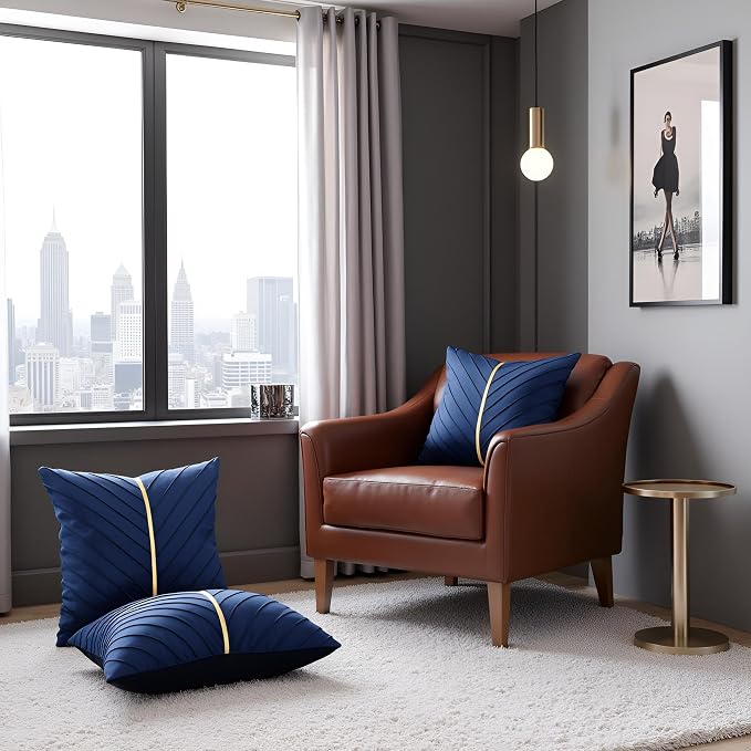 Velvet Throw Pillow Covers 24x24 Pack of 2 Gold Decor Navy Blue | Soft Solid Pillow Covers,Modern Luxury Home Decor,for Couch Chair Sofa Bedroom Livingroom,Hidden Zipper,Ideal Gift,Easy Care