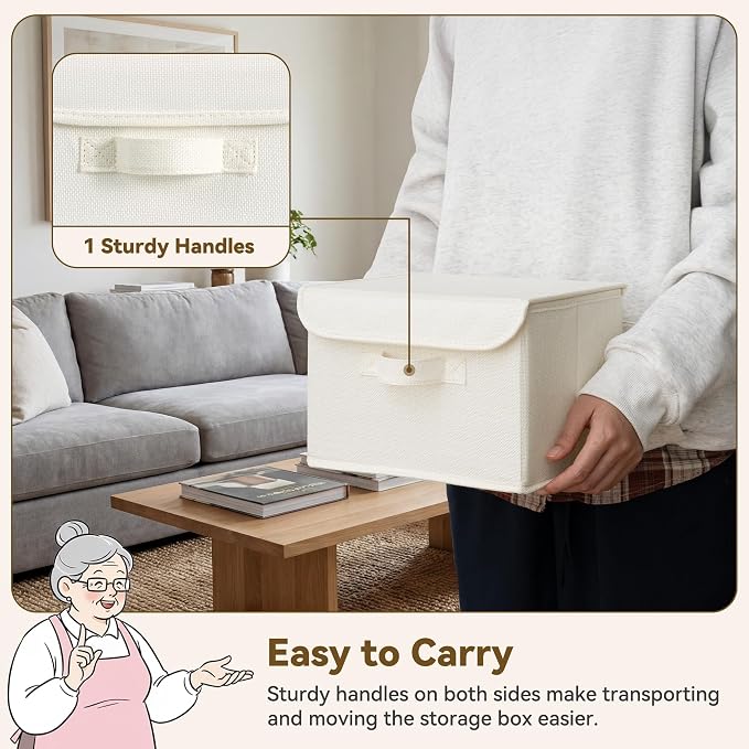 GRANNY SAYS Memory Keepsake Storage Box, Fabric Storage Bins with Lids | Flip-Top Lid, Collapsible, Stackable, 3 Handles, Ideal for Closet Clothes Blanket Toys, Small, Ivory White, 2-Pack