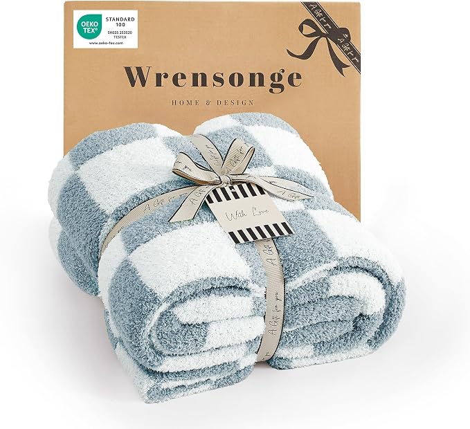 Soft Checkered Throw Blanket for Couch-Cozy Warm Knitted Blankets | Lightweight Warm Fluffy Decor for Women, Mom, Her & Girls, Sofa, Chair, Bed, 50x60in,Grey Blue