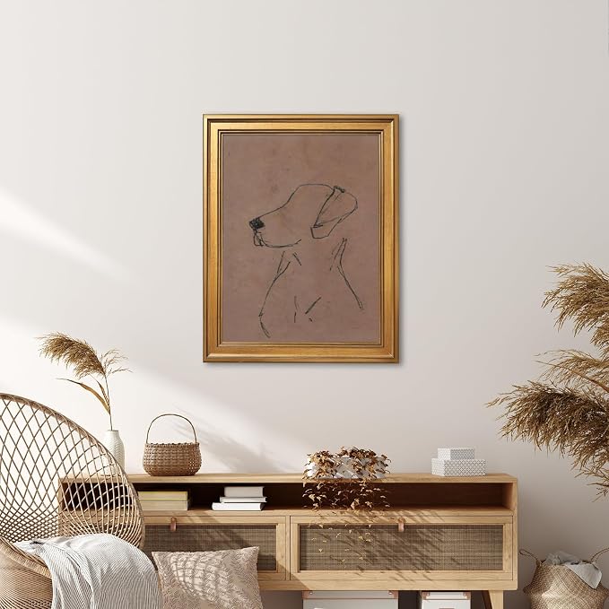 Gold Framed Minimalist Dog Sketch Wall Art Painting Neutral Line Drawing Dog Portrait Print Modern Pet Lover Picture Poster Simple Aesthetic Canvas Artwork for Room Bedroom Office Home Decor 8x10inch