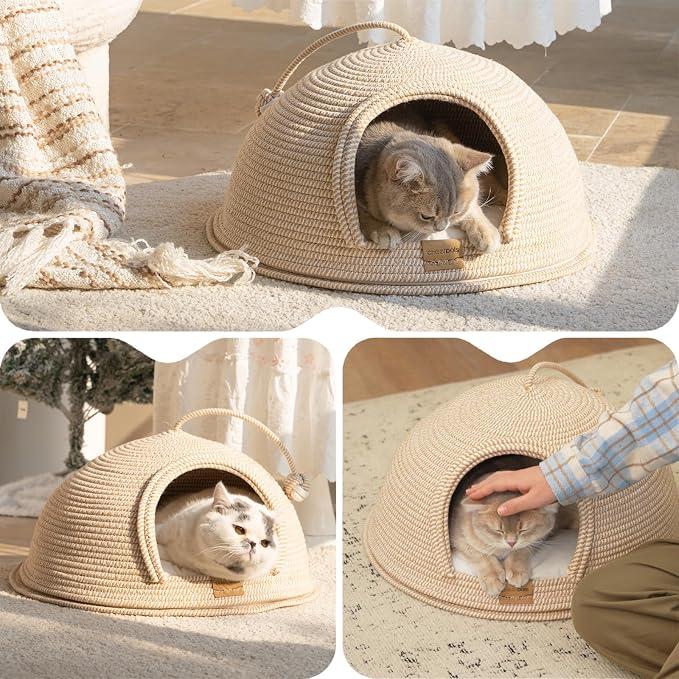 Cat Cave Bed with Washable Cushion and Ball, Handwoven Cotton Rope Cat Basket Bed for Indoor Cats Bed Covered, 3-in-1 Scratching, Playing & Sleeping, All Season Universal(White)