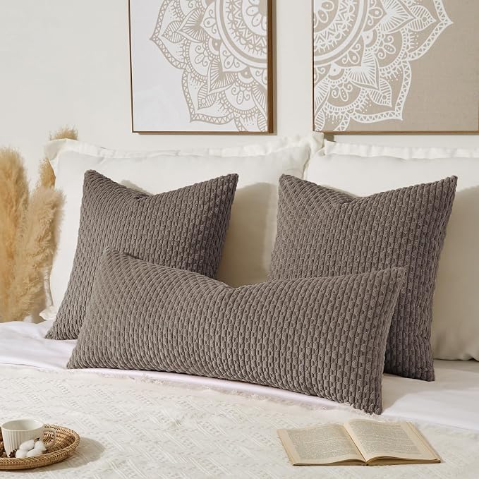 Kevin Textile Soft Corduroy 14"x36" Lumbar Pillow Cover 1 Pack, Light Brown | Boho Stripe Plush Corduroy Decorative Oblong Cushion Cover Modern Farmhouse Home Decor for Sofa Couch Bed Chair