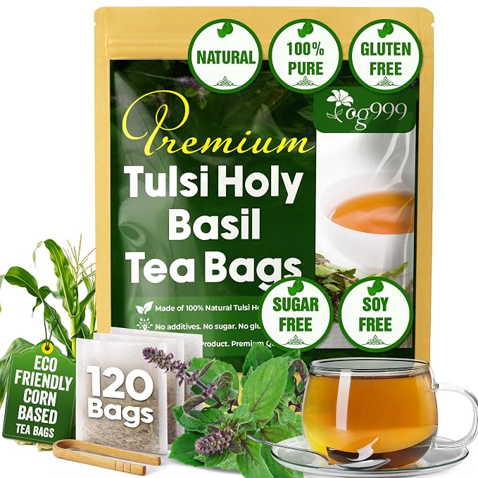 TOG999, Premium 120 Holy Basil Leaf Tea Bags, 100% Natural & Pure Holy Basil Leaves. Loose Leaf Holy Basil Herbal Tea. Holy Basil Leaf Tea. No Sugar, No Caffeine, No Gluten, Vegan.