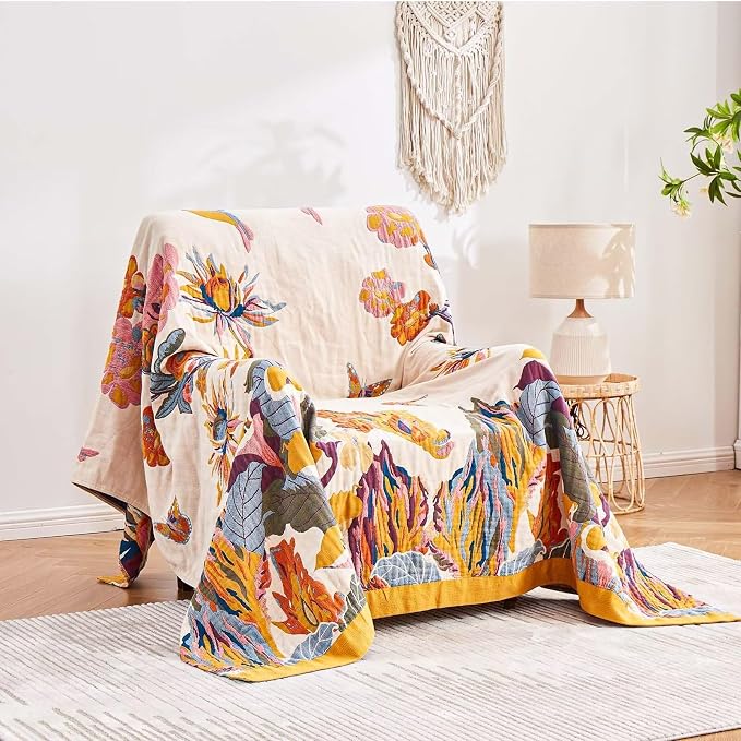 XIBLC Boho Throw Blanket, 100% Cotton Ultra Soft Luxury Throw Rustic Quilt, 60"x80" Floral Bird Butterfly Farmhouse Decor Bed Blankets, All Season Rustic Reversible Bohemian Throw for Bed - Yellow