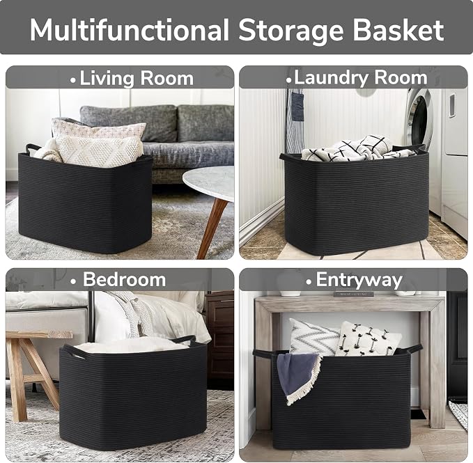 Goodpick 105L Extra Large Woven Rope Blanket Basket, Rectangle, Black | 25'' x 16'' x 16'' Storage Basket for Blankets, Pillows & Clothes, Living Room, Bedroom & Nursery Organization, Handles
