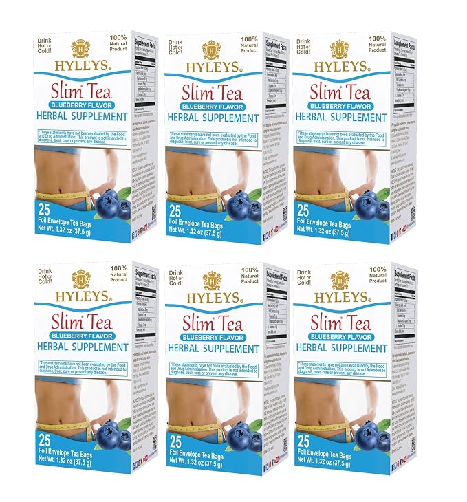HYLEYS Slim Tea Blueberry Flavor - Weight Loss Herbal Supplement Cleanse and Detox - 25 Tea Bags (6 Pack)