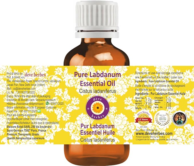 dève herbes Labdanum Essential Oil (Cistus ladaniferus) Pure | Viscous Texture | Rich Aroma | Unisex | All Skin Types | for External Use Only | Natural Extract | Steam Distilled 30ml (1 oz)