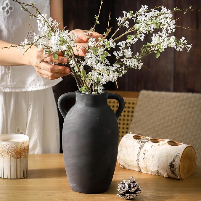 Terracotta Farmhouse Flower Vase, 9.6 Inch Ceramic Rustic Vase with 2 Handles, Decorative Vase Boho Decor for Home Decor, Table, Living Room, Shelf Decoration