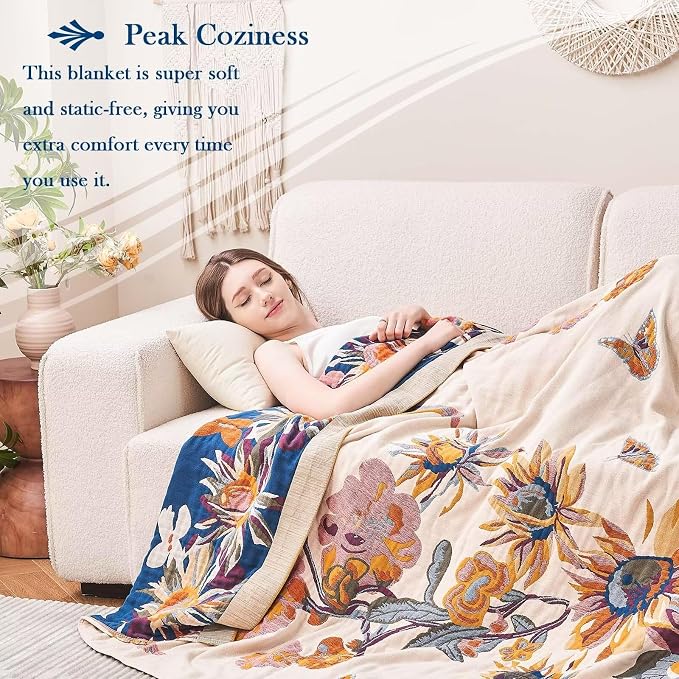 XIBLC Boho Throw Blanket, 100% Cotton Ultra Soft Luxury Throw Rustic Quilt, 60"x80" Floral Bird Butterfly Farmhouse Decor Bed Blankets, All Season Rustic Reversible Bohemian Throw for Bed - Yellow