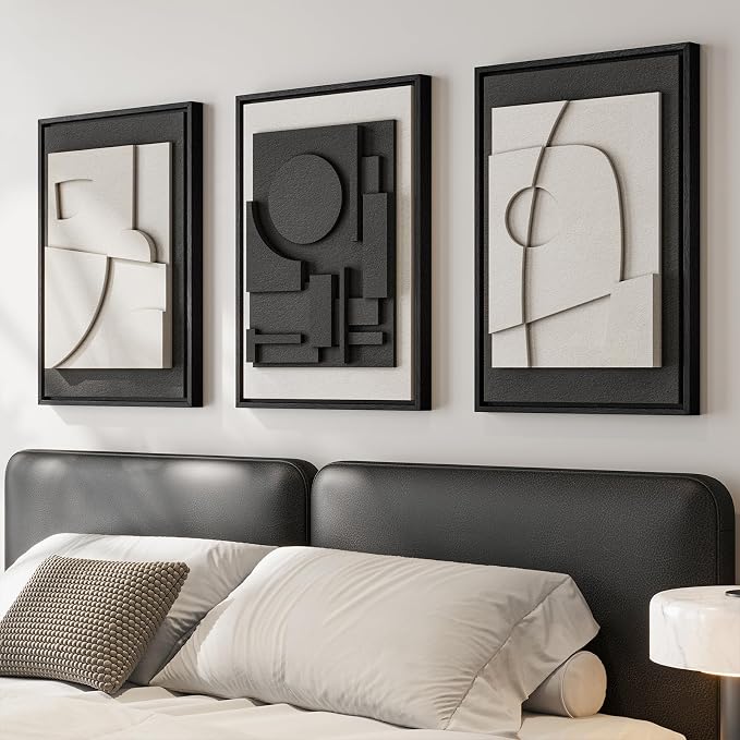 3D Textured Framed Black and White Abstract Wall Art Set of 3, 16x24 In | Solid wood frames, raised circles lines and blocks, modern minimalist wall decor for bedroom living room and dining room