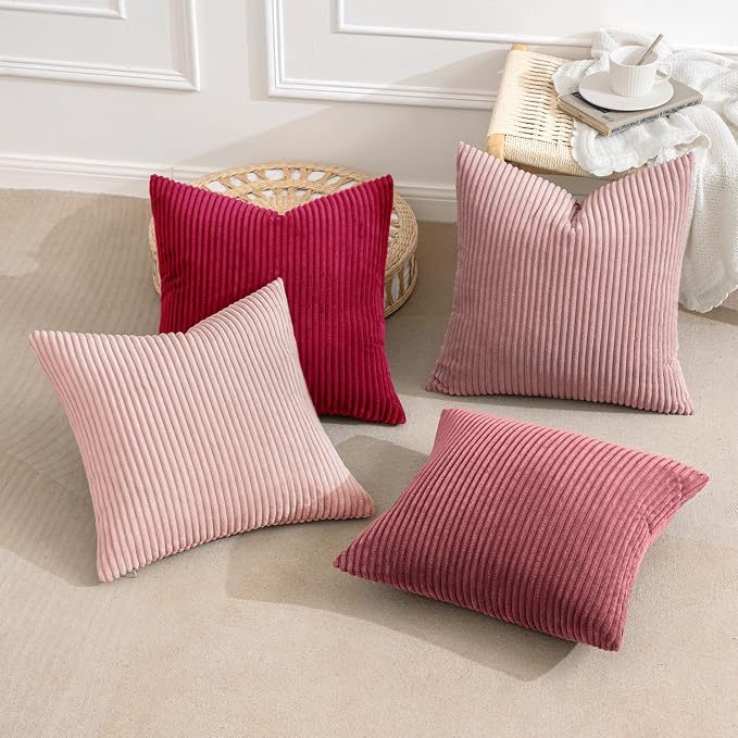 MIULEE Soft Corduroy Decorative Throw Pillow Covers Pink Series 18x18 | Set of 4, Shabby Chic Romantic Decor, Warm Red Pink Palette, Boho Farmhouse Cushion Covers for Couch Bed Sofa Living Room