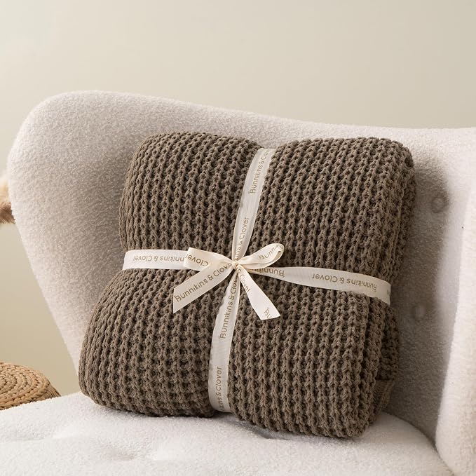 Knitted Waffle Throw Blanket , Camel Tan Throw Blanket for Couch 50"x60" | Cozy Chunky Knit Throw Blanket Soft Warm Throws for Men Father Birthday Gifts, Modern Farmhouse Knitted Style