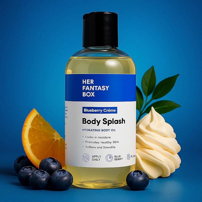 Her Fantasy Box | Body Splash Blueberry Crème Fragrance Oil – Fruity Creamy Berry Scent with Vanilla Sugar & Citrus Notes, Lightweight Hydrating Body Oil, Vegan & Cruelty Free