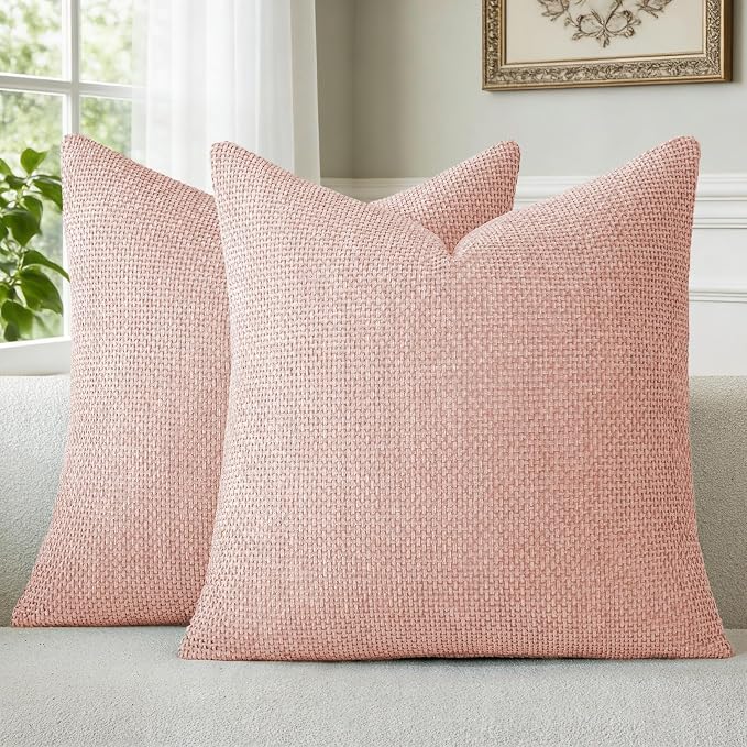 a moment Pink Chenille Throw Pillow Covers 22x22 Inch Pack of 2 Modern Decorative Throw Pillow Covers Farmhouse Cross Covers Home Decor for Sofa Bedroom Living Room