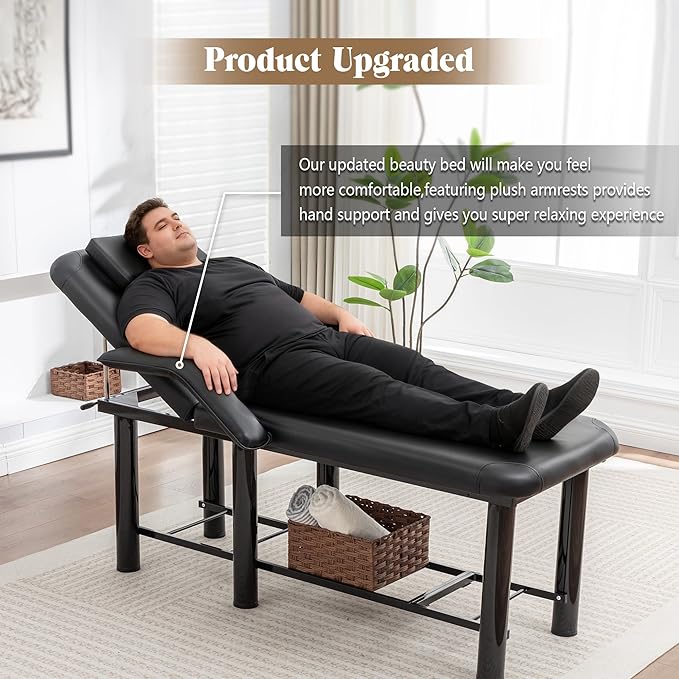 Professional Massage Bed Stationary Adjustable Massage Table Spa Bed 73" x27.5” Physical Therapy Table with Memory Foam Salon Bed w/Removable Headrest (Black with Armrest)
