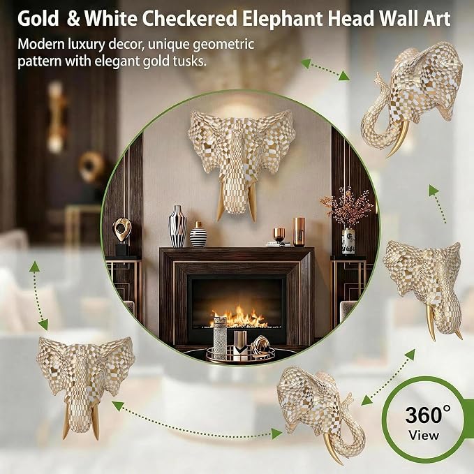 GIGICICI 9x7.8-Inch Vintage Mosaic Elephant Head Wall Sculpture Art Mount Statue for Room Bedroom Office Living Decor(White Gold)