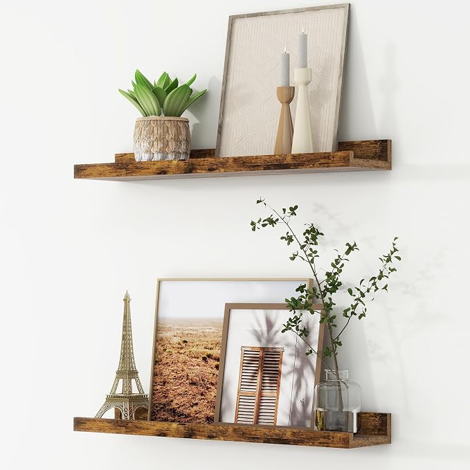 Picture Ledge Shelf, Floating Shelves for Wall, 24" W Set of 2, Brown | FSC Certified Engineered Wood, Wall Mounted Bookshelf, for Nursery Living Room Bedroom, Pre-Drilled, Easy Install