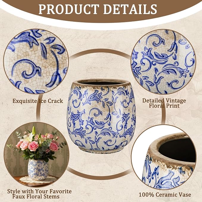 SiliFine Vintage Ceramic Flower Pot with Ice Crackle Rustic Planter with Drainage Holes for Indoor and Outdoor Decor Home Living Room Garden Decor Gardening Gift(Vintage Style)
