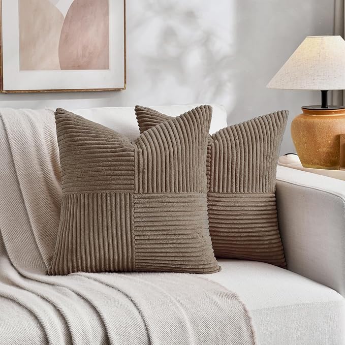 Fancy Homi Set of 1, Decorative Light Brown Corduroy Patchwork Soft Striped Modern Accent Cushion Case Farmhouse Boho Neutral Throw Pillow Covers for Chair Couch Sofa Bed Living Room Home 28x28 Inch