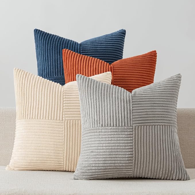 MIULEE Blue Rust Throw Pillow Covers 18x18 Inch Set of 4 Boho Farmhouse Cushion Cases Soft Corduroy Nordic Corduroy Pillow Cases Patchwork Home Decor for Couch Sofa Bedroom