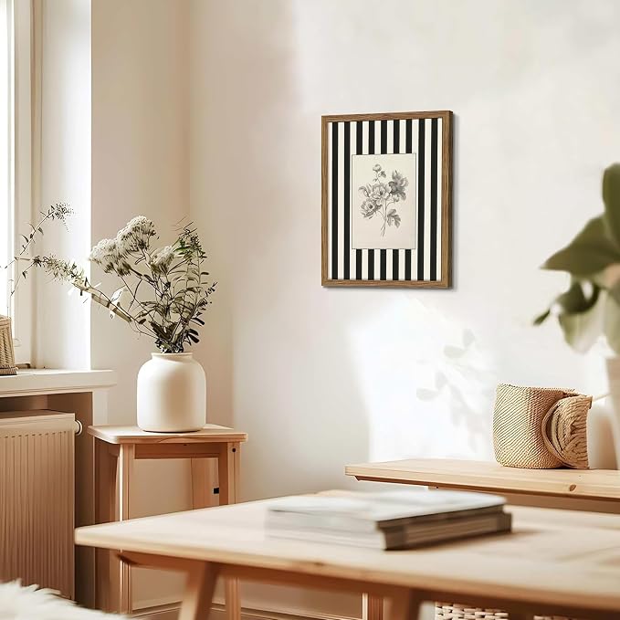 Framed Vintage Floral Wall Art, Black and White Stripes Flower Canvas Wall Decor Paintings, Minimalist Botanical Artwork Print Picture for Living Room Bedroom Bathroom 16x24 Inch