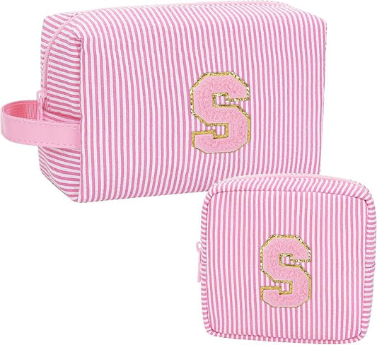 MONSTINA Initial Makeup Bags for Women|Cosmetic Bag for Travel Toiletry - Valentine's Gifts for 11 12 13 14 15 16 17 18 Years Old Girls- Graduation Teen Girl Gifts Trendy Stuff Teacher Gift,Pink S