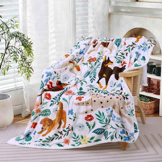 Dog Blanket Ultra Soft Floral Throw Blankets Gifts for Dog Lover Blanket Flower Leaves Flannel Fleece Throw Lightweight Warm Cozy Fuzzy Plus Cabin Blanket for Bed Sofa,60" X 80"