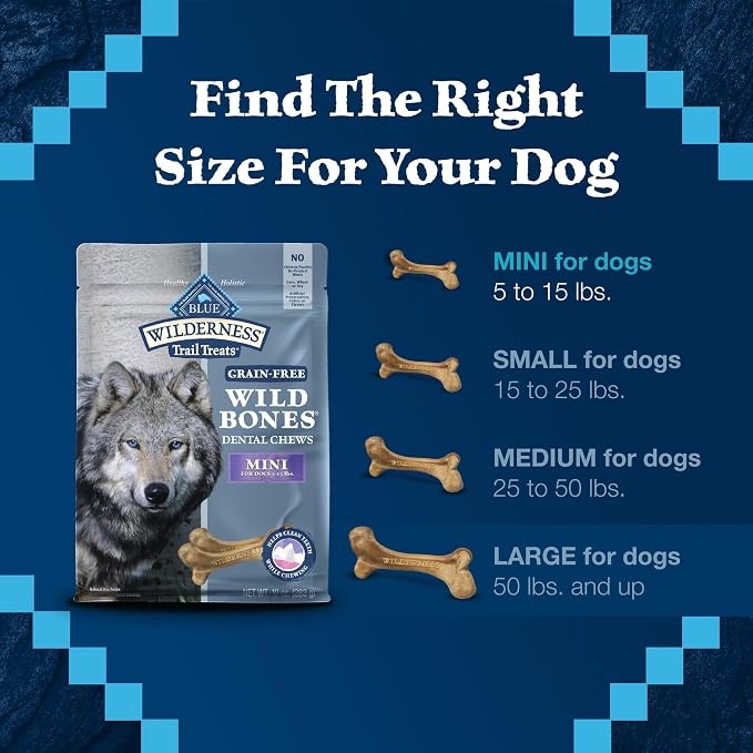 Blue Buffalo Wilderness Mini Dog Dental Chews, Grain-Free, 27 oz | Reduces Tartar & Plaque, Freshens Breath, Sized for Dogs 5-15 lbs., No Artificial Preservatives