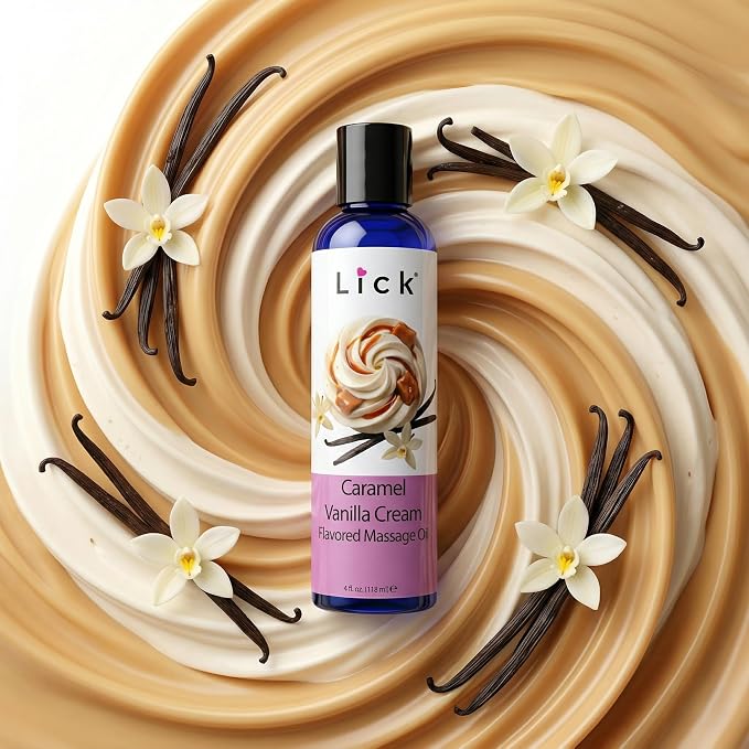 Lick Caramel Vanilla Cream Flavored Massage Oil – Tropical Edible Massage Oil with Sweet Almond Oil & Vitamin E, Hydrating Body-Safe Formula for Relaxing Couples Massage, 4 oz