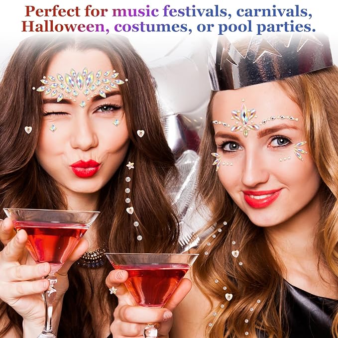 Erythem Face Gems for Women 6 Sheets Face Jewels Stick On Self Adhesive Rhinestones Stickers for Makeup Music Festival Rave Party (4Luminous)