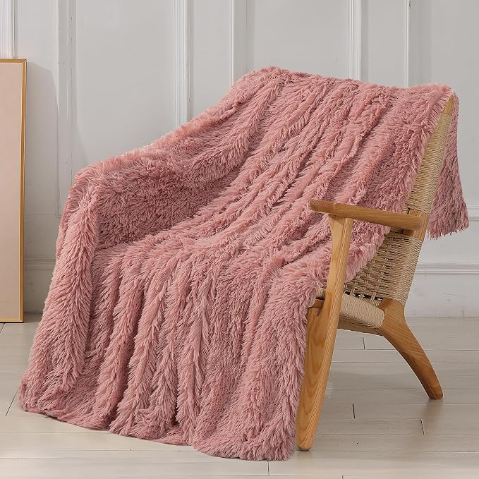 Decorative Extra Soft Faux Fur Blanket Twin Size 70" x 78",Solid Reversible Fuzzy Long Hair,Fluffy Cozy Plush Fleece Comfy Microfiber Blanket for Couch Sofa Bed,Peach Whip